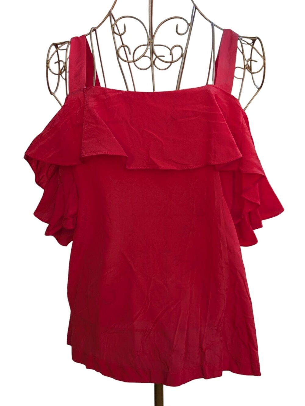 J.Crew 100% Silk Red Cold Shoulder Ruffle Layered Top Size 2